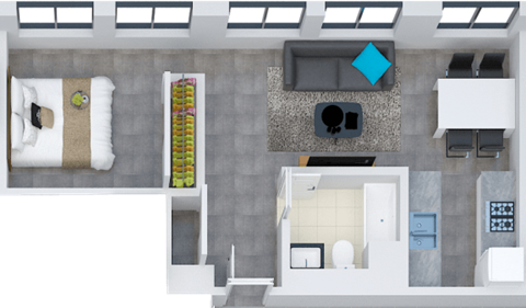 Floor plan for 1 bed, 1 bath, 704 sqft